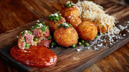 Enjoy a visually appealing presentation of stuffed arancini rice, served with sauce and garnished with herbs and cheese on a rustic wooden platter.の素材