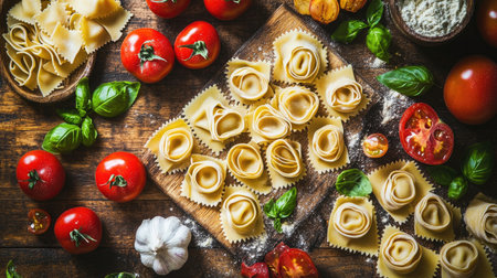 Explore a fresh and vibrant display of various pasta types, beautifully arranged with tomatoes, basil, and garlic on a rustic wooden board. Perfect for culinary inspiration.の素材