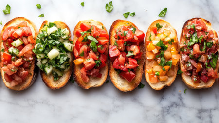 A vibrant arrangement of assorted bruschetta on toasted bread showcases fresh tomatoes, herbs, and toppings, perfect for appetizers or casual dining.の素材