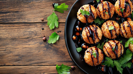 This vibrant plate features golden arancini drizzled with balsamic glaze, garnished with fresh herbs. Perfect for gourmet cuisine or restaurant menus.の素材