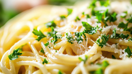Experience the vibrant close-up of spaghetti carbonara, showcasing creamy pasta and fresh herbs, perfect for culinary enthusiasts and food lovers alike.の素材