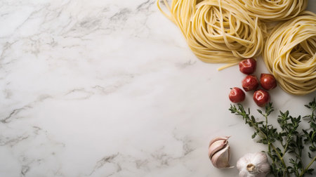 Discover an elegant composition featuring fresh pasta with vibrant ingredients on a marble surface, perfect for culinary inspiration and food styling projects.の素材