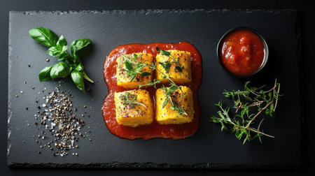 A beautifully arranged dish of polenta served with a rich tomato sauce and fresh herbs, highlighting culinary artistry and vibrant colors on a slate platter.の素材