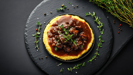 This artistic depiction features polenta served with a rich sauce, garnished with fresh herbs. Perfect for showcasing culinary creativity and gourmet dining.の素材