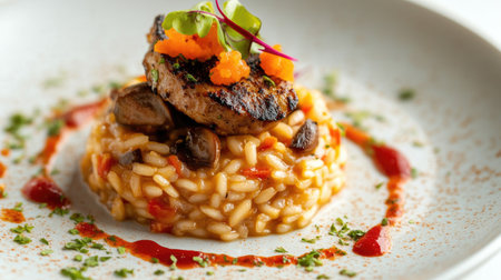 An elegant risotto dish featuring vibrant colors and rich flavors. Topped with fresh ingredients, it's a perfect choice for gourmet dining experiences.の素材
