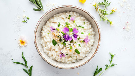 A beautiful overhead shot of creamy risotto garnished with vibrant edible flowers and fresh herbs. Perfect for food photography and culinary inspiration.の素材