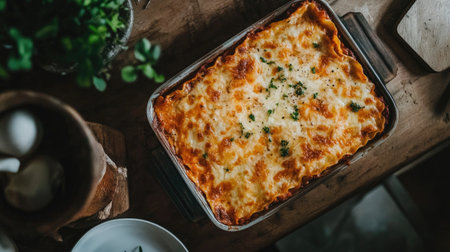 A delicious homemade lasagna showcased from above, featuring layers of pasta, cheese, and herbs. Perfect for family dinners and gatherings.の素材