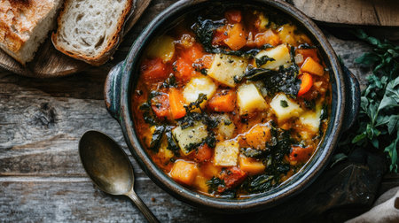 An overhead view of a delicious ribollita soup, showcasing vibrant vegetables and a rich color palette. Perfect for a cozy meal atmosphere.の素材