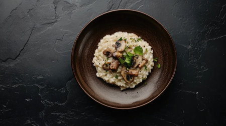 An elegant flat lay of creamy Italian risotto topped with sautの素材