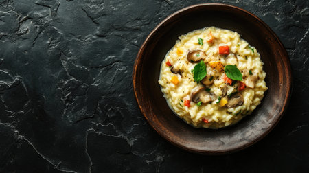 Delight in this elegant flat lay of Italian risotto, featuring creamy rice, savory mushrooms, and fresh vegetables. A perfect dish for any occasion!の素材