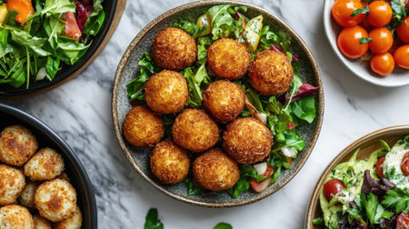 This inviting overhead shot features a platter filled with crispy bite-sized salads, vibrant greens, and fresh vegetables, perfect for any gathering.の素材