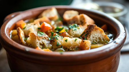 Discover a warm bowl of Tuscan ribollita, a hearty soup filled with vibrant vegetables and topped with crispy bread, perfect for a cozy meal.の素材