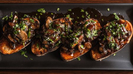 A top-down view of grilled bruschetta topped with savory sauce and fresh herbs. Perfect for gourmet appetizers or elegant dining experiences.の素材