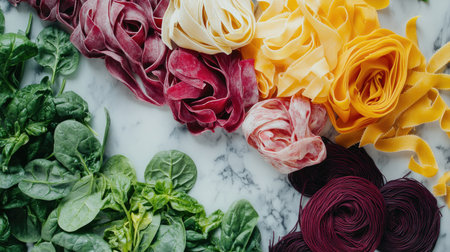 This vibrant overhead shot showcases colorful homemade pasta, featuring various shapes and fresh ingredients, perfect for culinary inspiration or recipe development.の素材