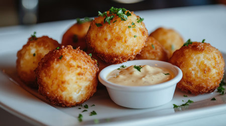 A tempting arrangement of deep fried cheese balls served with a creamy dip, perfect for appetizers or party snacks, garnished with fresh herbs.の素材