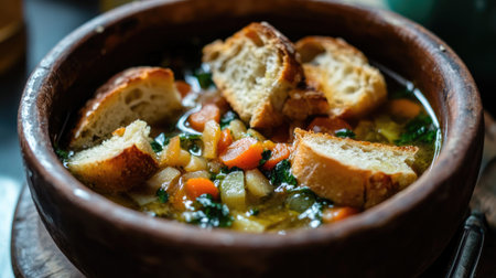 A warm bowl of Tuscan ribollita, featuring fresh vegetables and crusty bread. This traditional Italian dish is perfect for a comforting meal, rich in flavor.の素材