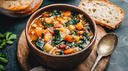 This captivating overhead view showcases a hearty bowl of ribollita soup, filled with fresh vegetables and served with rustic bread, perfect for a cozy meal.の素材