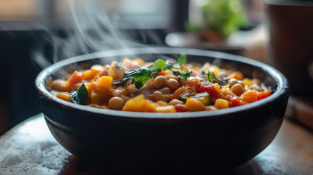 A steaming bowl of ribollita filled with fresh vegetables and herbs, capturing the warmth and comfort of homemade Italian cuisine. Perfect for any meal.の素材