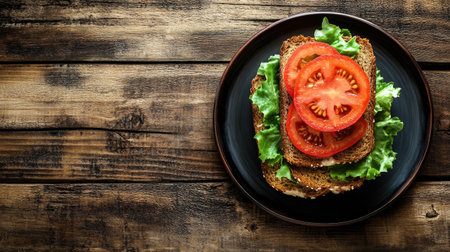 A top view of a delicious sandwich with fresh layers of lettuce and tomato, served on rustic wooden table, perfect for a tasty meal or snack.の素材