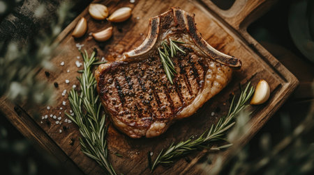A delicious juicy Bistecca Fiorentina steak beautifully presented on a rustic wooden board, garnished with fresh rosemary and garlic cloves, perfect for gourmet meals.の素材