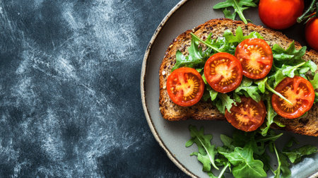 This overhead shot showcases a delicious rye bread sandwich topped with fresh tomatoes and greens. Perfect for food lovers looking for healthy meal ideas.の素材