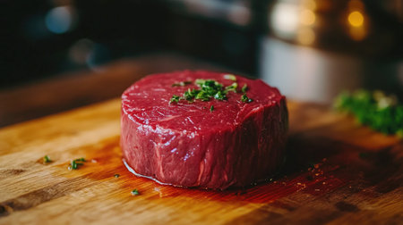 A close-up view of a fresh lean beef fillet resting on a wooden cutting board, garnished with herbs. Ideal for culinary, recipe, and food preparation themes.の素材