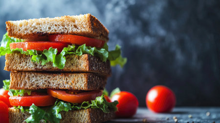 A captivating top view of a wholesome rye sandwich stacked with fresh tomatoes and crisp lettuce, perfect for showcasing healthy meal options.の素材