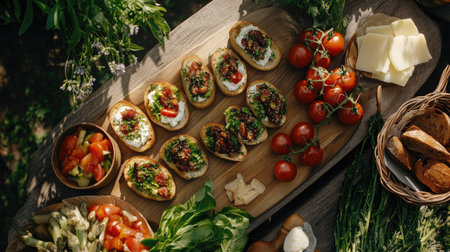 A delightful picnic spread showcasing fresh ingredients, colorful vegetables, and delicious topped bread. Perfect for summer gatherings in nature.の素材