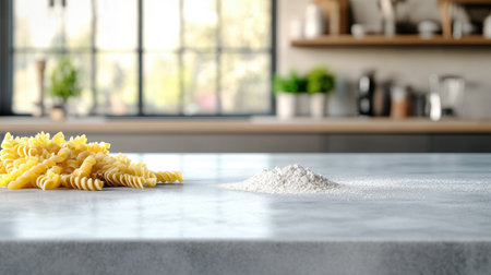 A close-up view of uncooked pasta and flour on a modern kitchen counter, perfect for culinary enthusiasts and home cooks looking to create delicious meals.の素材