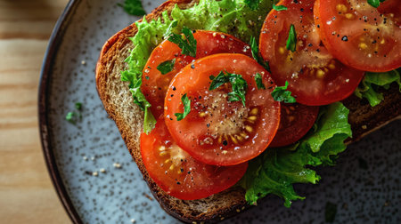 A vibrant top view of a rye bread sandwich adorned with fresh tomato slices and greens, showcasing colorful and healthy ingredients perfect for any meal.の素材