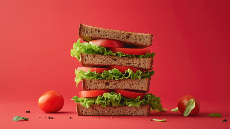 A vibrant and wholesome rye sandwich stacked high with fresh lettuce and juicy tomato, perfect for a healthy lunch or snack option.の素材
