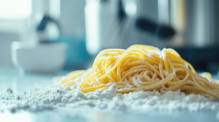 A close-up image of uncooked pasta resting on a dusting of flour in a modern kitchen setting. Ideal for culinary and food preparation themes.の素材
