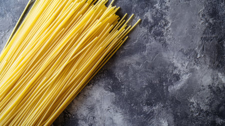 Fresh pasta strands are delicately arranged on a gray surface, showcasing their vibrant color and texture, perfect for culinary creations and food photography.の素材