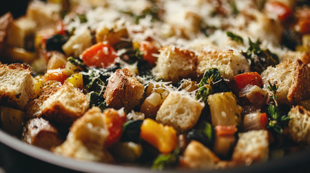 A close-up view of a hearty Tuscan vegetarian ribollita showcasing fresh vegetables, rustic bread, and a sprinkle of cheese, epitomizing comfort food.の素材