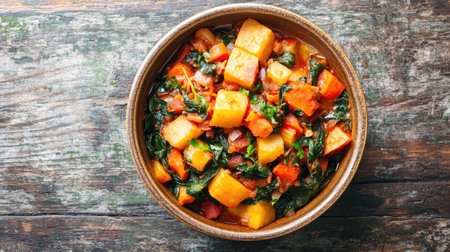 A vibrant overhead view of ribollita in a rustic bowl, showcasing colorful vegetables and fresh herbs. Perfect for a healthy meal or comfort food dining.の素材