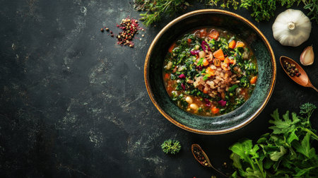 A rustic bowl of ribollita soup sits on a flat surface, surrounded by fresh vegetables and herbs. This hearty dish showcases vibrant colors and organic ingredients, perfect for a healthy meal.の素材