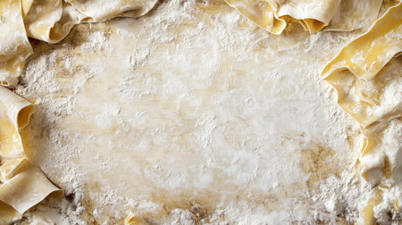 Freshly rolled pasta sheets laid out on a floured surface, perfect for culinary creations. Ideal for showcasing homemade Italian cooking or culinary artistry.の素材