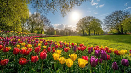 A vibrant display of tulips in a beautiful field, illuminated by warm sunlight, creating a serene and picturesque spring scene with lush greenery.の素材