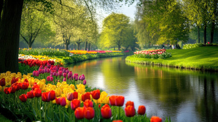Experience the breathtaking beauty of vibrant tulips in Keukenhof Gardens. This picturesque scene captures nature's colors reflected in tranquil waters.の素材