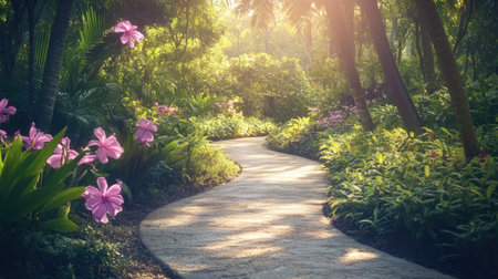 A serene pathway meanders through lush greenery, adorned with vibrant flowers, inviting walkers to explore the tranquil beauty of nature.の素材