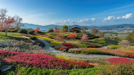 Experience a breathtaking spring landscape at Hanadaka Observation Point, featuring vibrant flowers, serene hills, and a stunning sky, perfect for nature lovers.の素材