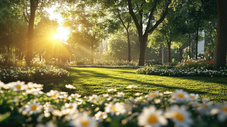 A stunning sunrise illuminates a city park, highlighting vibrant flowers and lush greenery. This serene scene invites relaxation and tranquility in nature.の素材