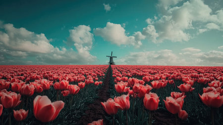 Experience the beauty of a classic Dutch tulip field, featuring vibrant blooms under a stunning sky, with a charming windmill perfectly positioned in the background.の素材