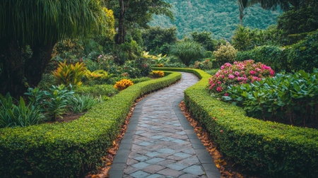 Discover a serene garden path bordered by blooming flowers and lush greenery. This tranquil landscape offers a vibrant escape into nature's beauty.の素材