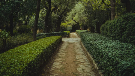 A serene winding path meanders through a lush green garden, surrounded by vibrant bushes and trees, creating a perfect escape into nature's tranquility.の素材