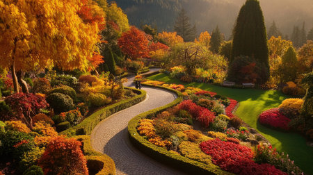 Capture the essence of a golden autumn day at Butchart Gardens in Victoria, showcasing vibrant foliage, serene pathways, and stunning landscapes.の素材