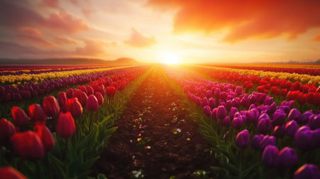 A stunning view of a vibrant tulip field under a beautiful sunset. Colorful rows of tulips in various shades create a picturesque scene of spring's blooming beauty.の素材