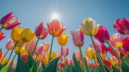 A stunning view of vibrant tulips blooming in spring sunshine at Keukenhof, Netherlands. This scene captures the essence of nature's beauty and joy.の素材
