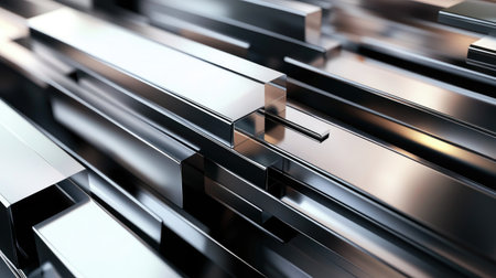 This close-up image showcases an arrangement of shiny metallic profiles stacked together, highlighting intricate details, reflections, and a modern industrial design.の素材