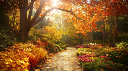 Experience a tranquil autumn view in Butchart Gardens, Victoria, featuring vibrant colors of foliage, a serene path lined with flowers, and warm sunlight.の素材